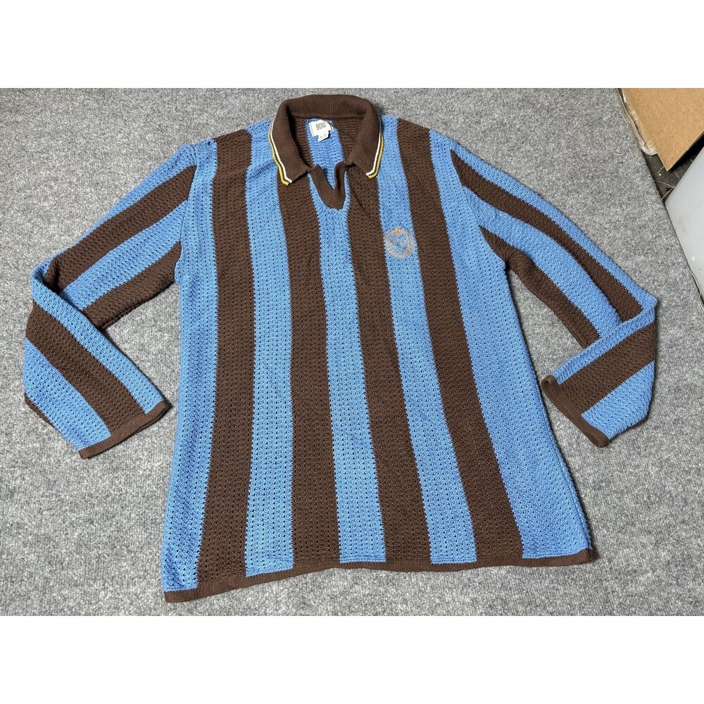 BDG Sweater Mens XL Blue Brown Stripe Open Knit Collared Pullover Long Sleeve